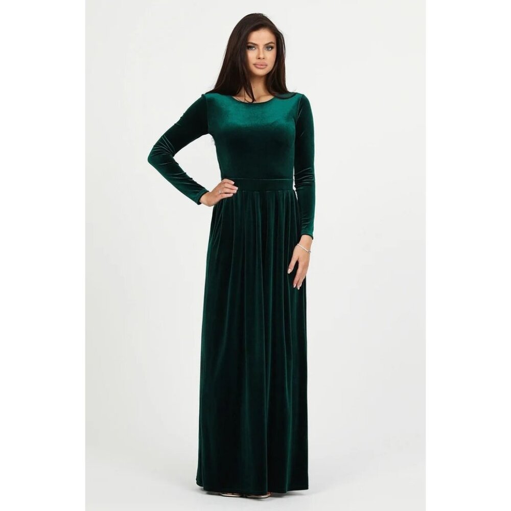 Emerald Green Long Sleeve Velvet Maxi Dress By Désir Couture Formal, Elegant